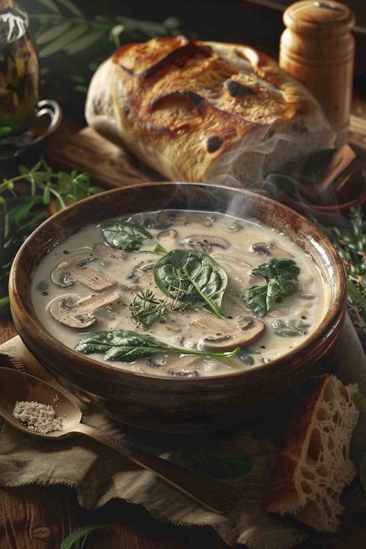 Mushroom Soup with Spinach & Herbs