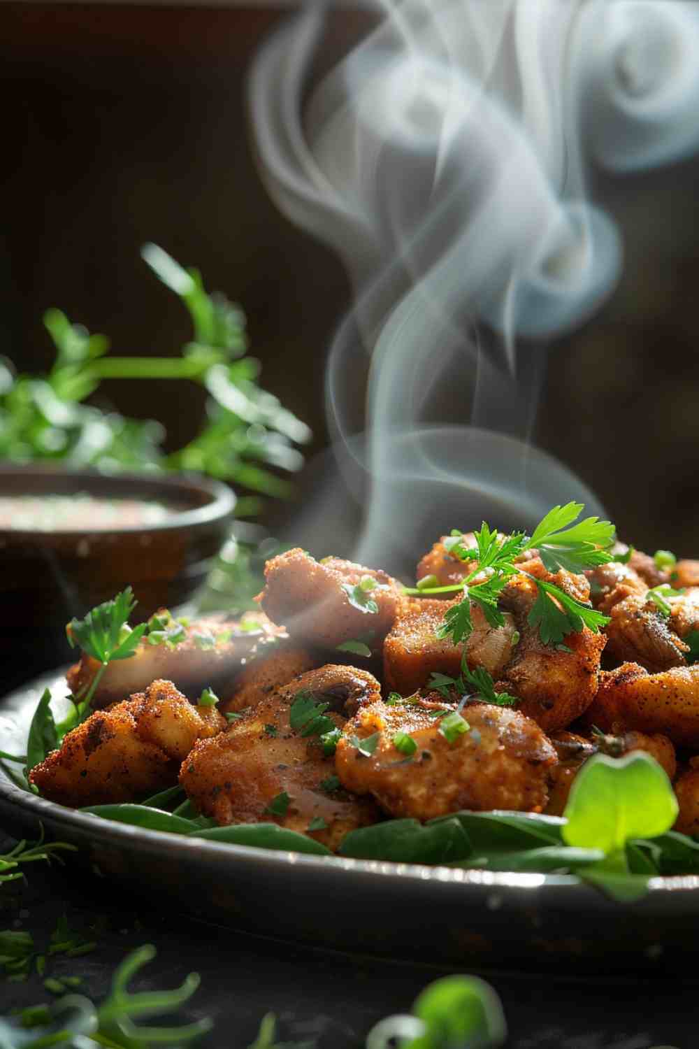 Cajun Fried Mushrooms with Garlic Sauce.