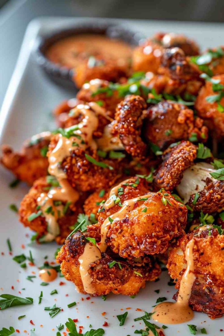 Cajun Fried Mushrooms with Garlic Sauce.