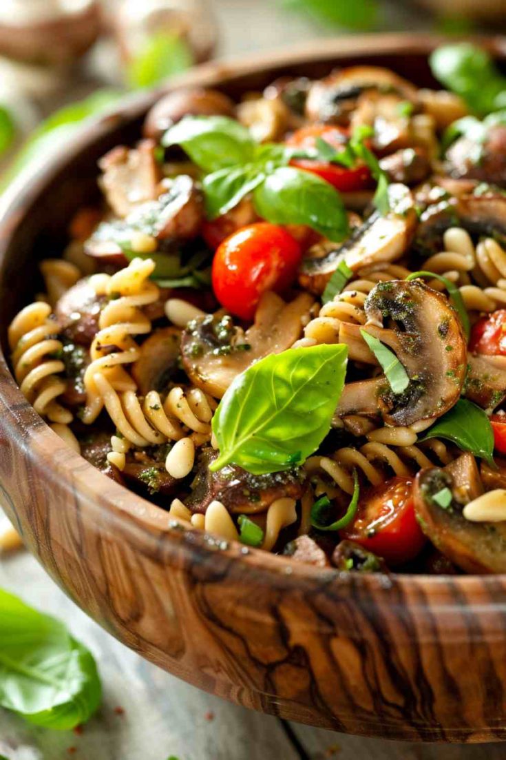 Portabella Mushroom Pasta Salad with Pesto Dressing