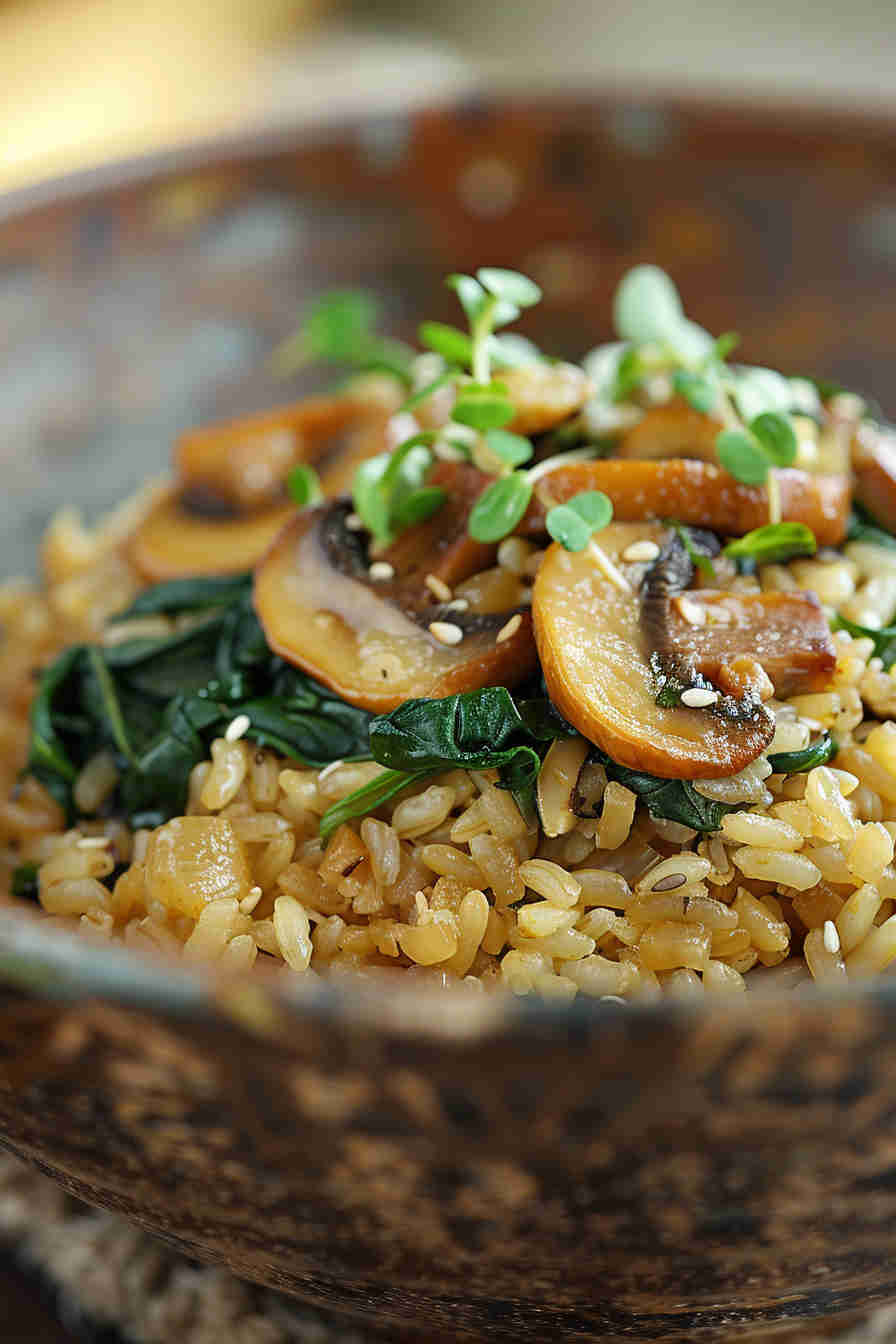 Mushroom and Spinach Brown Rice Pilaf